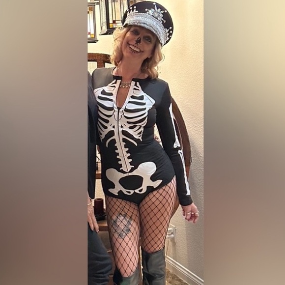 SEXY SKELETON BODYSUIT COSTUME Size XS & FESTIVAL HAT - Picture 1 of 6